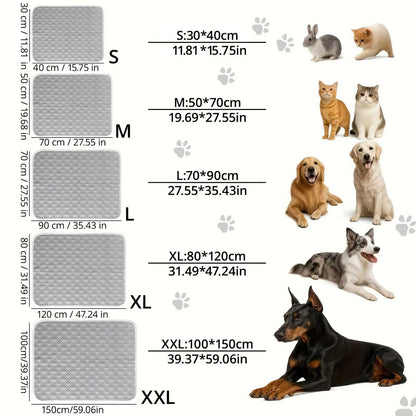 Size chart for pet mats with various animals and dimensions